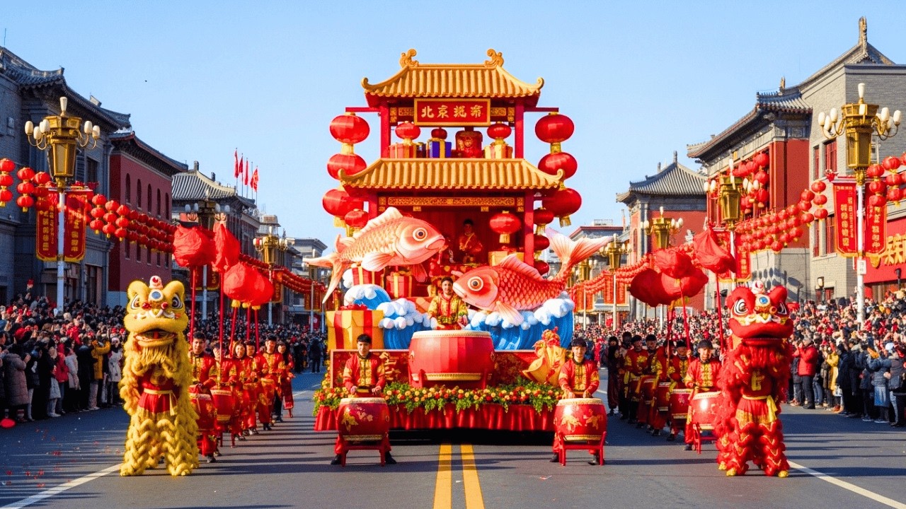 Beijing Spring Festival Parade 4K HDR: 200 Mega Floats, Lantern Streets, Fireworks All Day (AI)