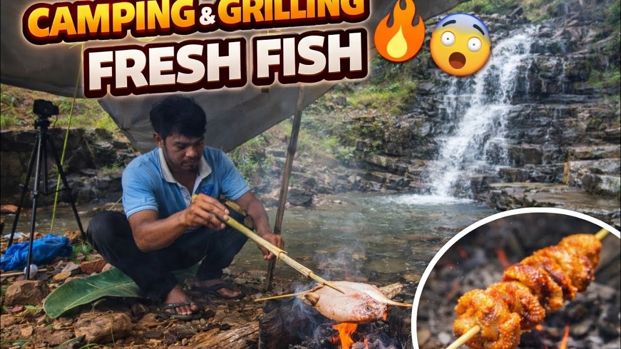 Primitive Fish Grilling by a Waterfall | Solo Camping & Wild Cooking