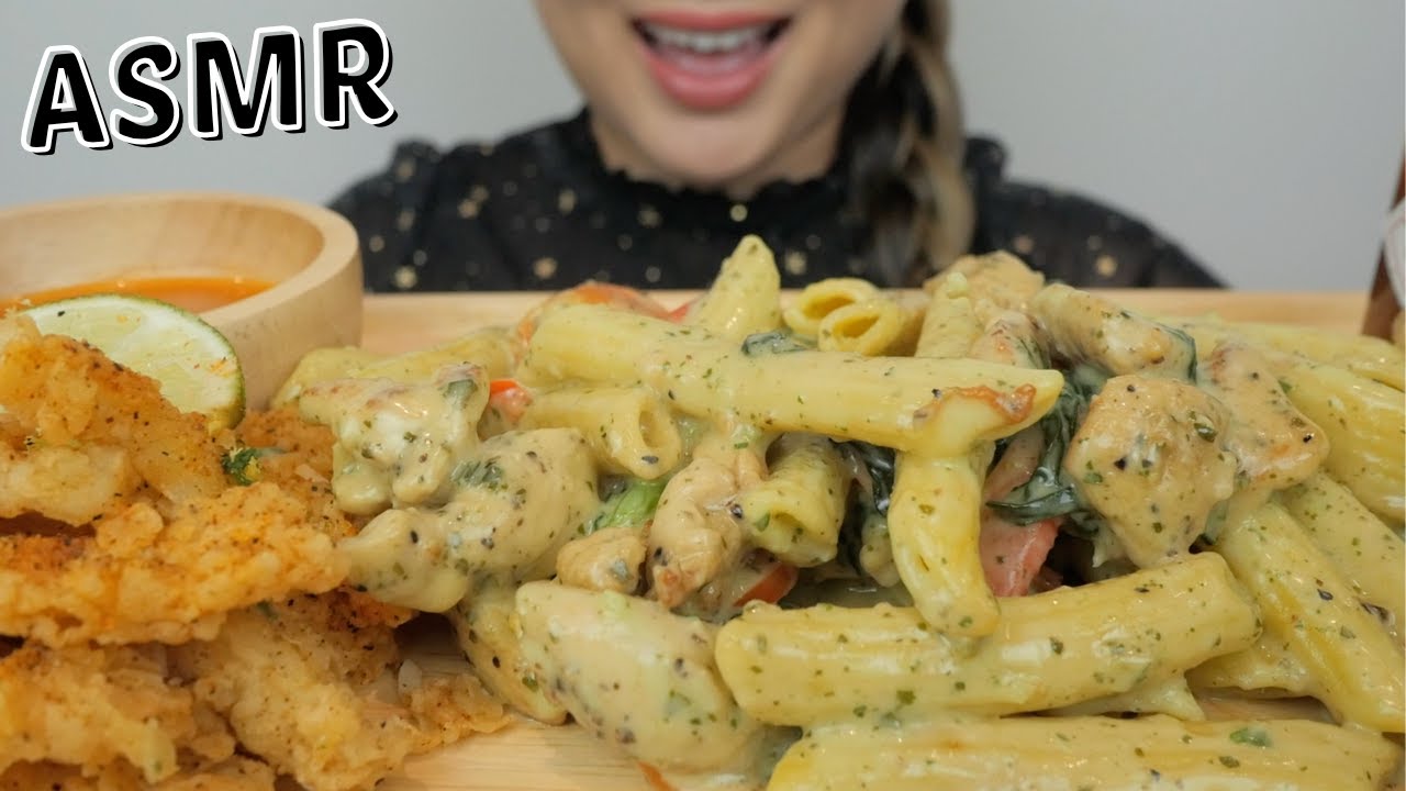 ASMR Coconut Calamari and Pesto Chicken Penne Pasta *Relaxing Soft Spoken Eating Sounds | N.E