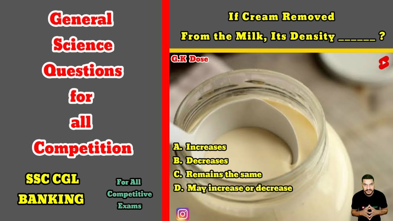 If Cream Is Removed From Milk, It'S Density | General Science Questions For Competitive Exams#Shorts