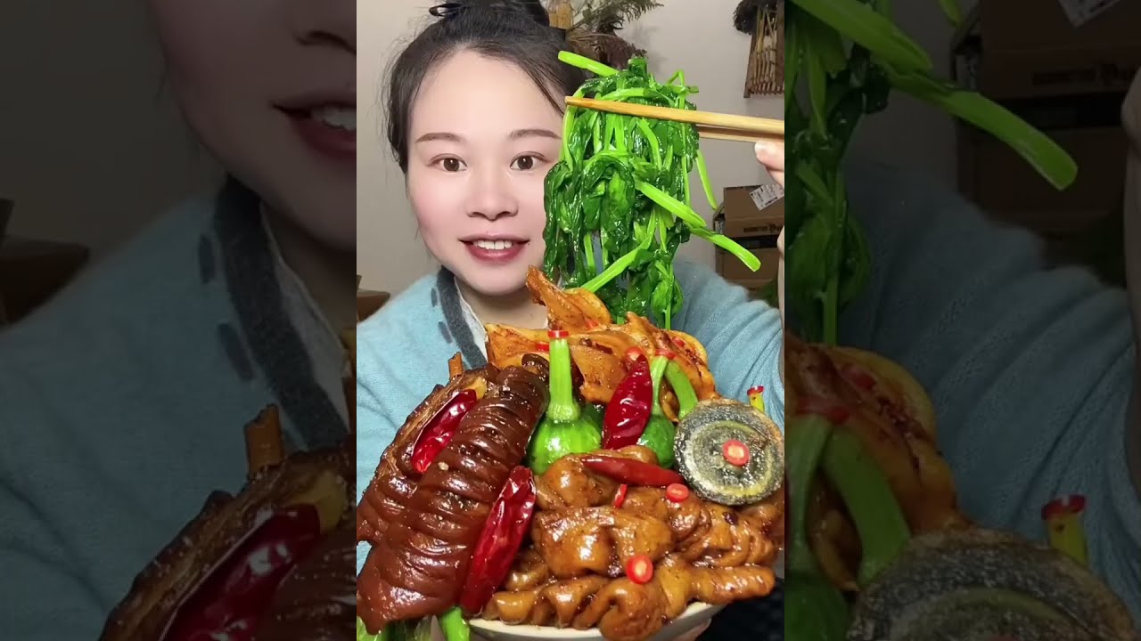Susu Yummy Spicy Food Mukbang 😋 Eati Braised Pig Intestines With Spicy Duck Feet And Green Vegetable