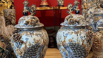 CHOÉ MEN RẠN ĐẮP NỔI KÊNH BONG HOẠ TIẾT CHIM CÔNG / CAO 72cm / CHOÉ ĐẠI THỜ CÚNG .