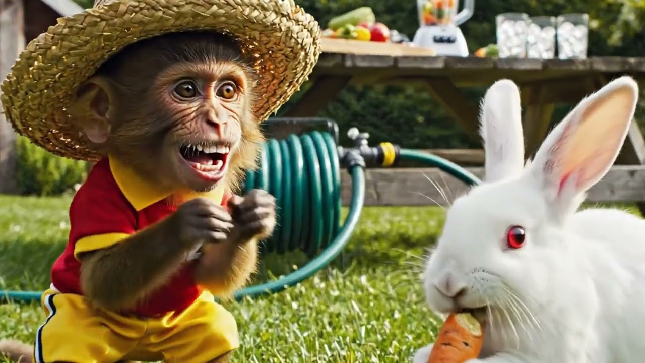 Cute Monkey Saves Little Bunny & Feeds Him Carrots 🥕🐒