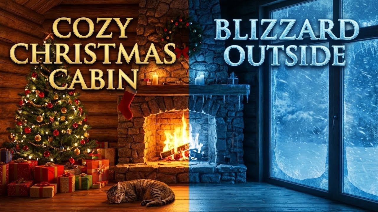 3 Hours Cozy Christmas Cabin Ambience 🎄 Crackling Fireplace & Snowstorm ...