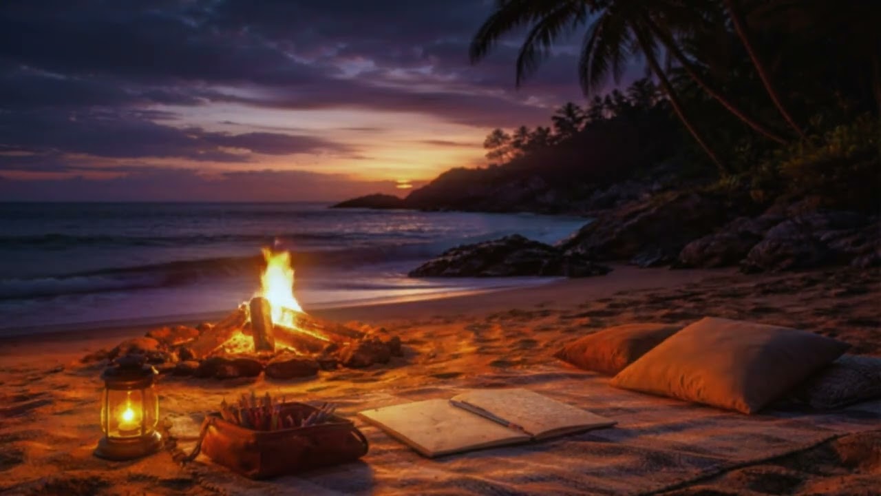 YOU’RE FİNALLY ALONE. Just you, the waves, and a warm fire.🌊🔥 Beach Sounds for Sleep (1 Hour)