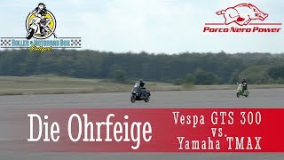 Die Ohrfeige - Vespa GTS 300 vs. Yamaha TMAX Drag Race | Roller & MotorradBox Stuttgart