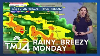 Heavy rain and gusty winds Monday, freezing rain to the north