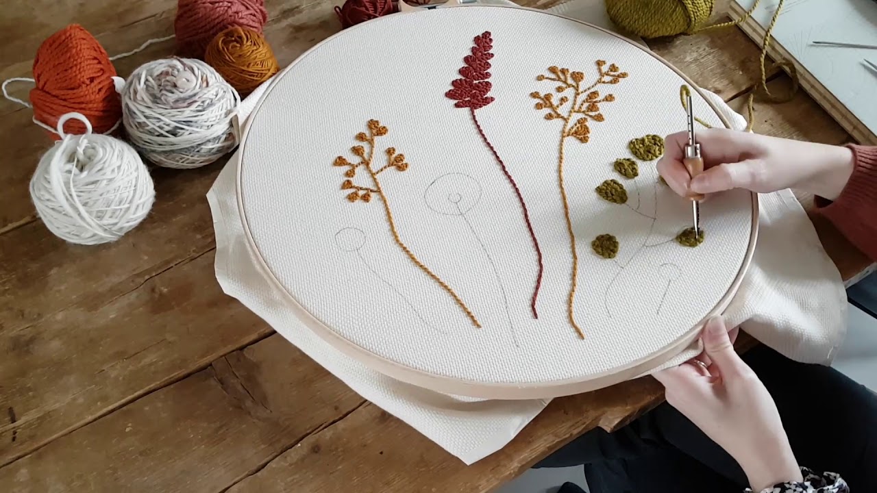 Punch needle TIME LAPSE rug hooking botanical design hoop YouTube