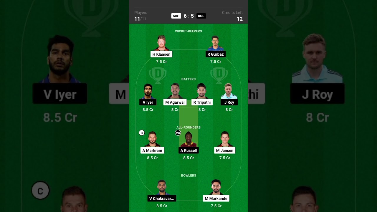 SRH vs KOL IPLDream11 Prediction| Hyderabad vs Kolkata Dream11 Team|