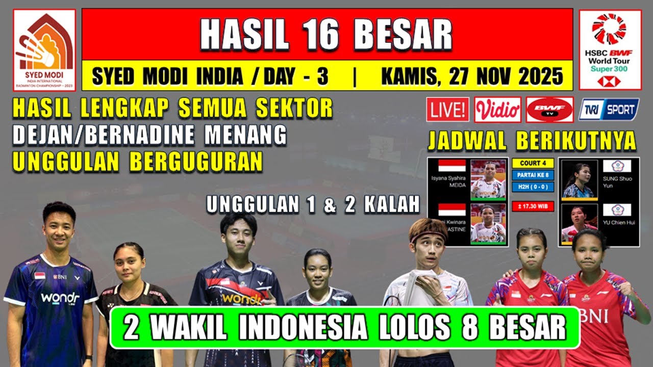 2 WAKIL INDONESIA MENANG ~ Hasil 16 Besar Syed Modi India 2025 Hari Ini ~ DEJAN/BERNADINE MENANG