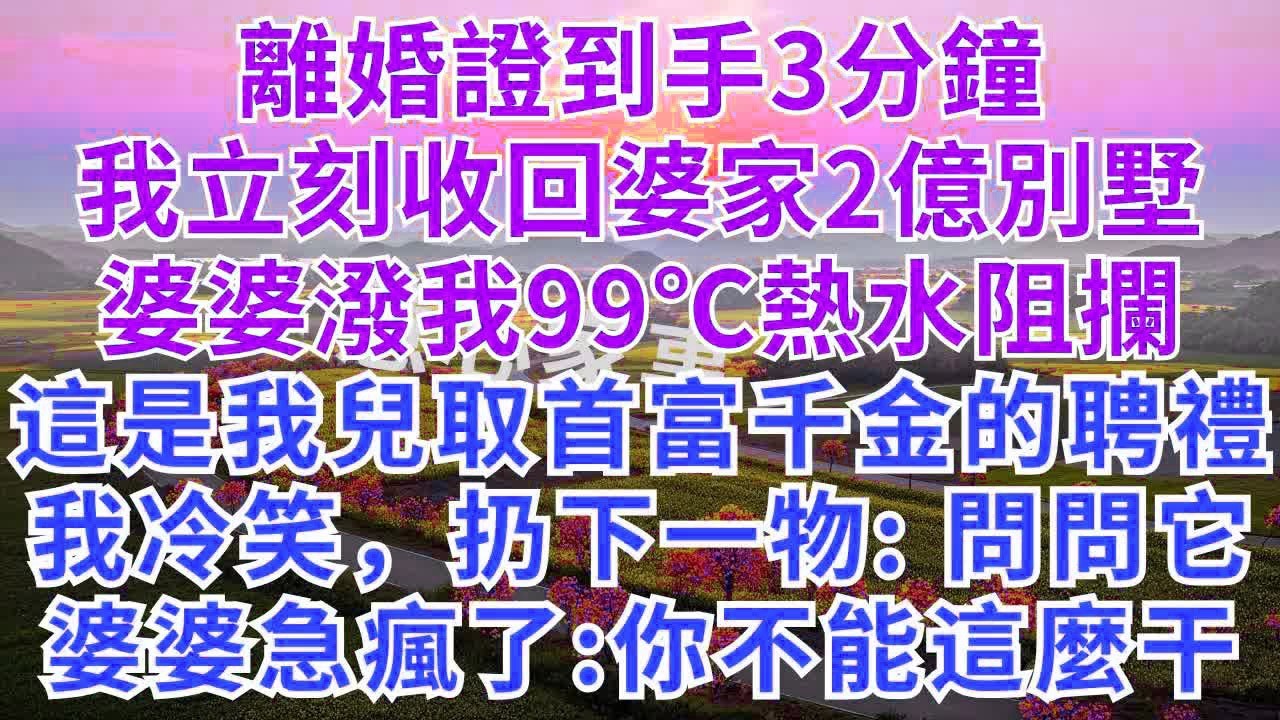 離婚證到手3分鐘，我立刻收回婆家2億別墅，婆婆潑我99℃熱水阻攔：我兒要取首富千金，這是聘禮，我冷笑，扔下一物，問問它婆婆急瘋了：你不能這麼幹！#生活經驗#情感故事#故事#小說#戀愛#情感#婚姻