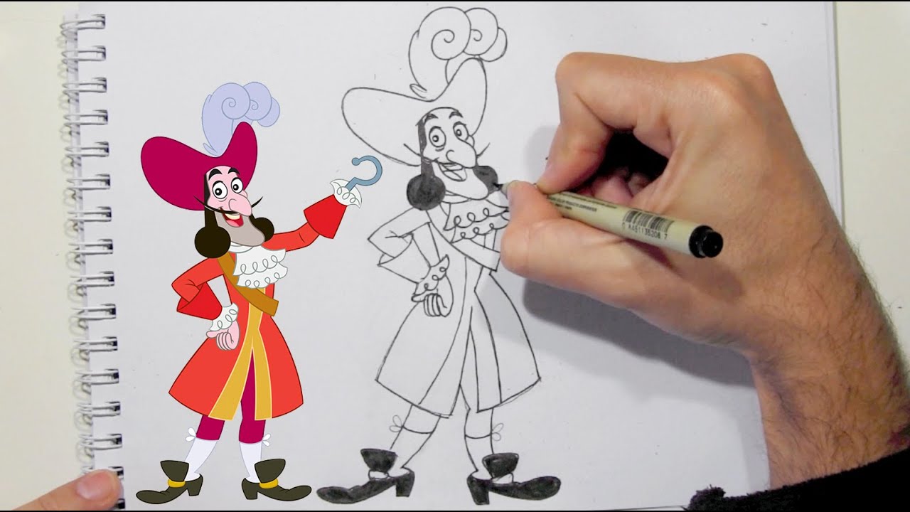 como desenhar o capitão gancho de jake e os piratas da terra do