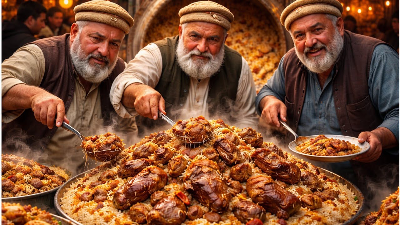 AFGHANI KABULI PULAO RECIPE | Giant Meat Pulau Prepared Street Food Qabili Plav Recipe