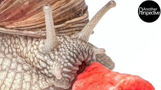 Extreme Makroaufnahmen: Schnecke frisst Erdbeere (Laowa Probe)
