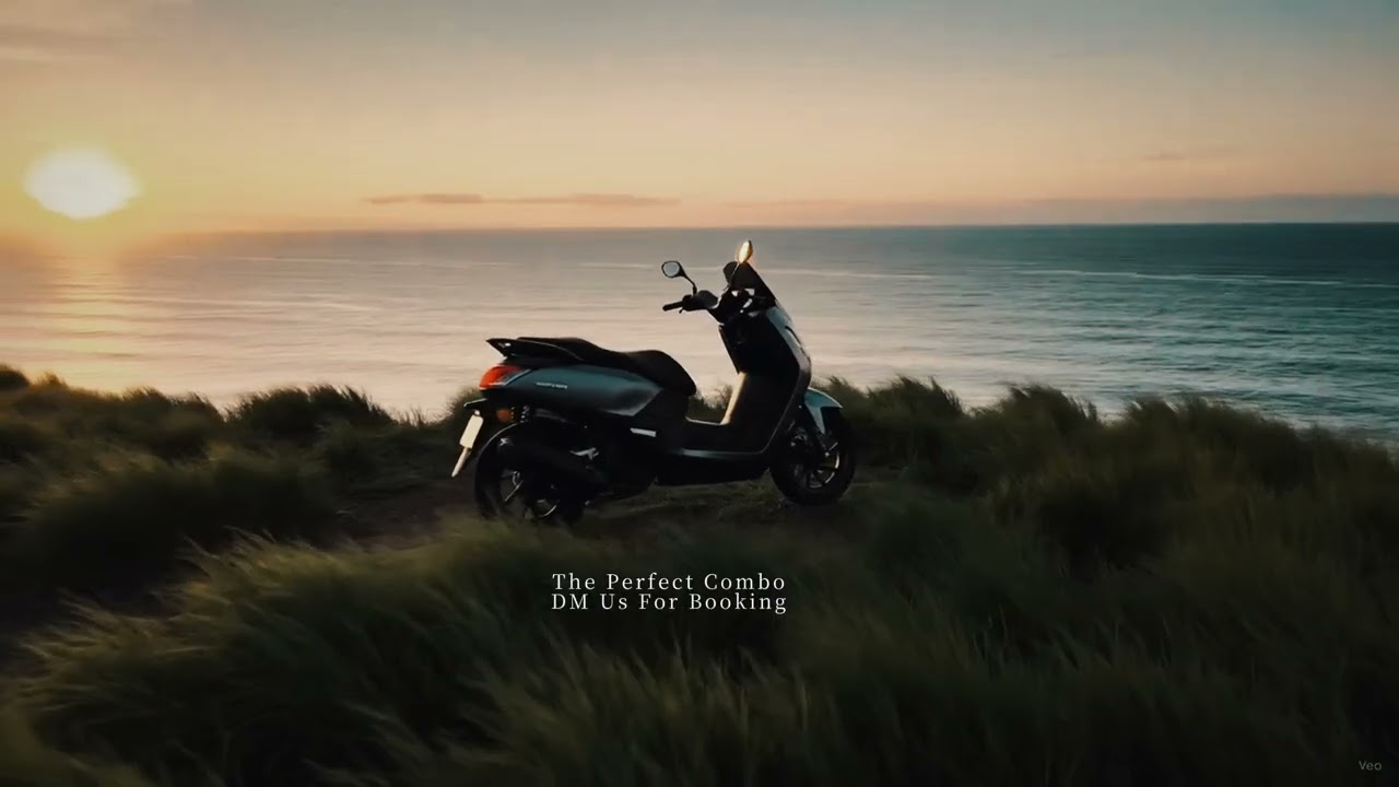 A short, relaxing video clip showing a steaming cup of tea next to the beautiful, calm blue ocean on the Konkan coast, representing a peaceful road trip break with 2WheelTrip scooter rentals.