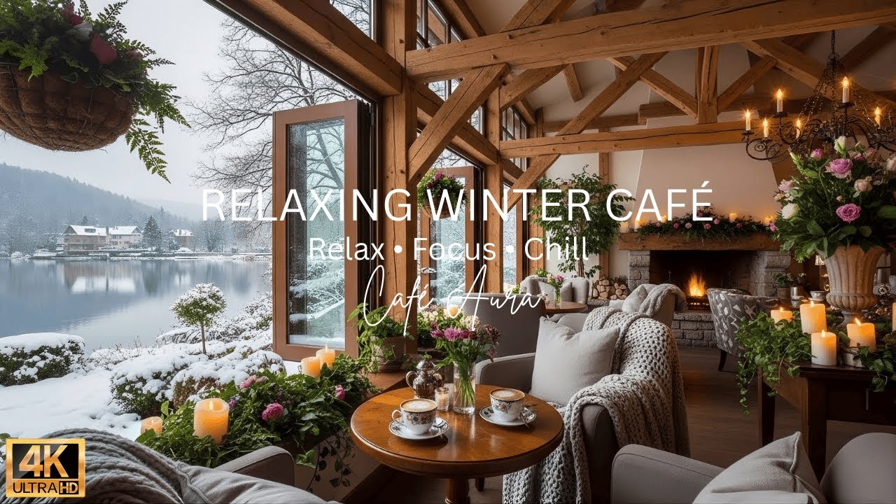 Snowy Window Café Jazz ❄ Cozy Fireplace Music for Relaxation & Focus
