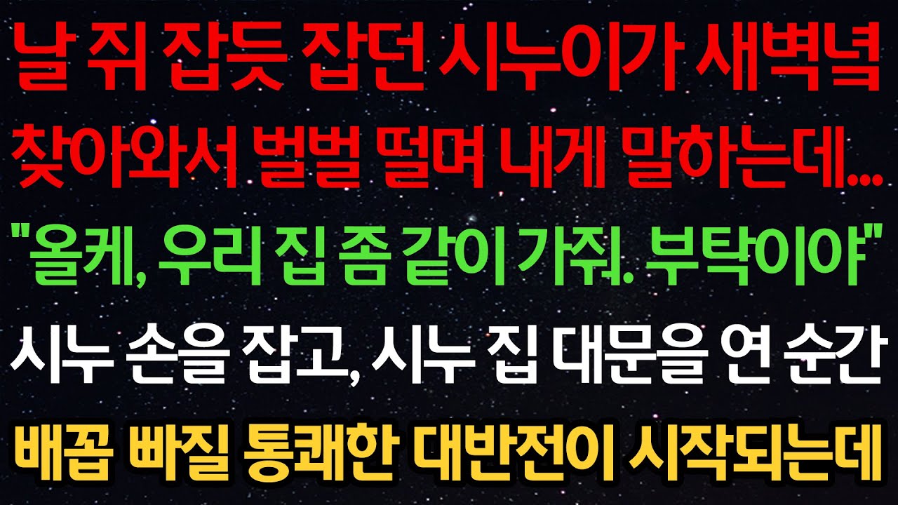 실화사연-날 쥐잡듯 잡던 시누이가 찾아와서 벌벌 떠는데 “올케, 우리 집 좀 같이 가줘. 부탁이야” 시누 손을 잡고,시누 집 대문을 연 순간 배꼽 빠질 통쾌한 대반전이 시작되는데