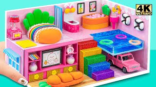 DIYミニチュアハウス❤️満足のいくカメのプール付きのかわいいバニーボール紙の家を建てる