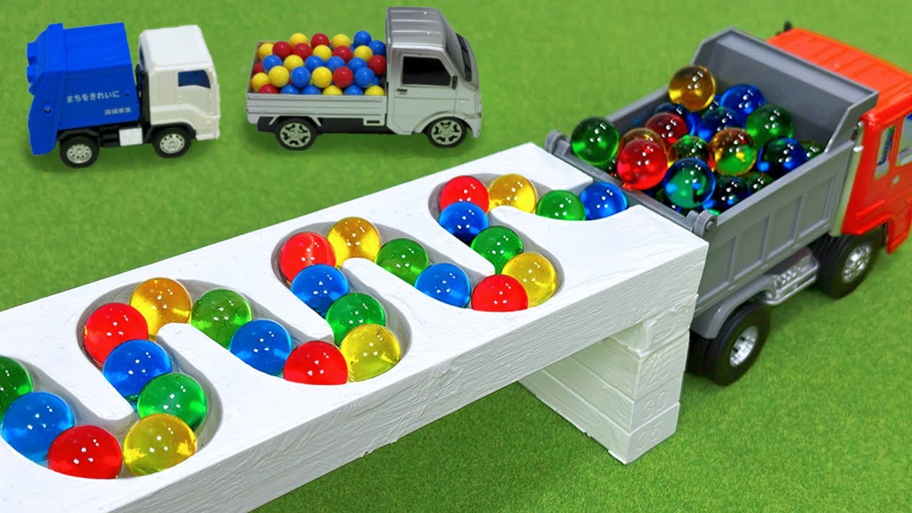 Marble Run ASMR Race ☆ HABA Slope & Dump Truck Excavator Ambulance Forklift Garbage Truck Tractors