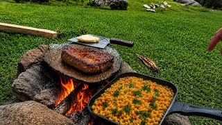 Cooking Steak on a STONE! Forest Cooking + Cheesy Macaroni 🔥