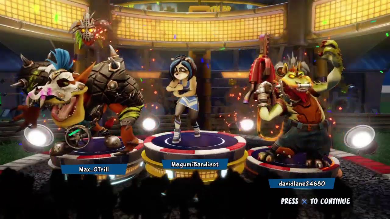 Ami Bandicoot, Rustland Tiny Tiger and Rustland Dingodile Winning Podium. (Crash Nitro Fueled)