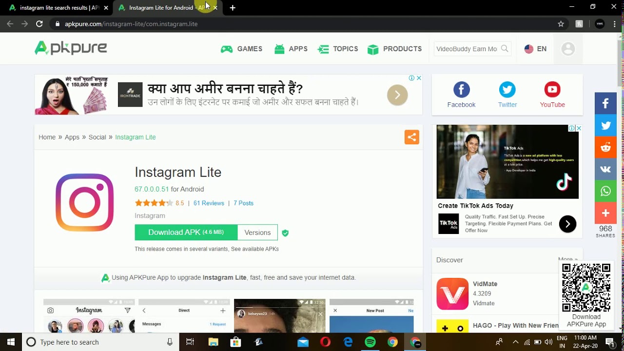 Download Lite versions of instagram and tik tok//boostersforPUBG
