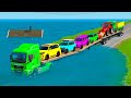Triple Flatbed Trailer McQueen Transport – Speed Bumps vs Cars vs Train | BeamNG Drive #3
