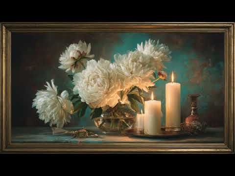 Vintage White Peonies & Candlelight Painting | TV Art with Gold Frame | Artistic Screensaver |