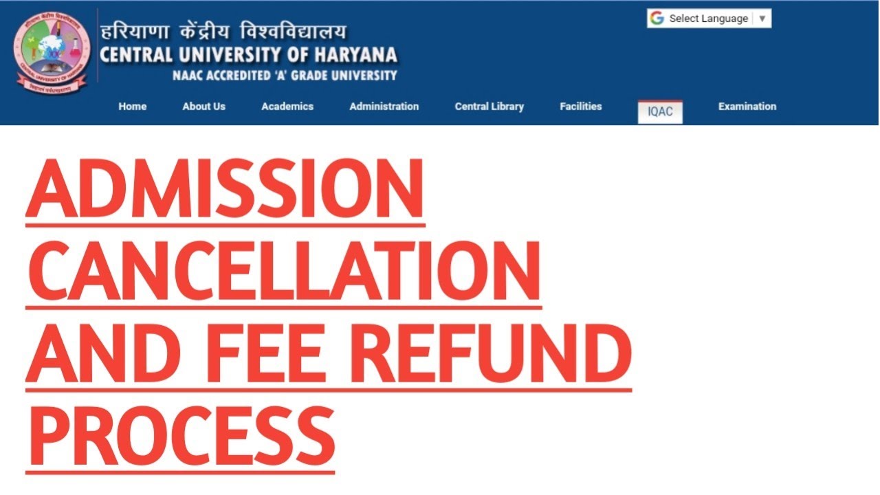 Admission cancellation process central university of Haryana||fee refund process cu Haryana||