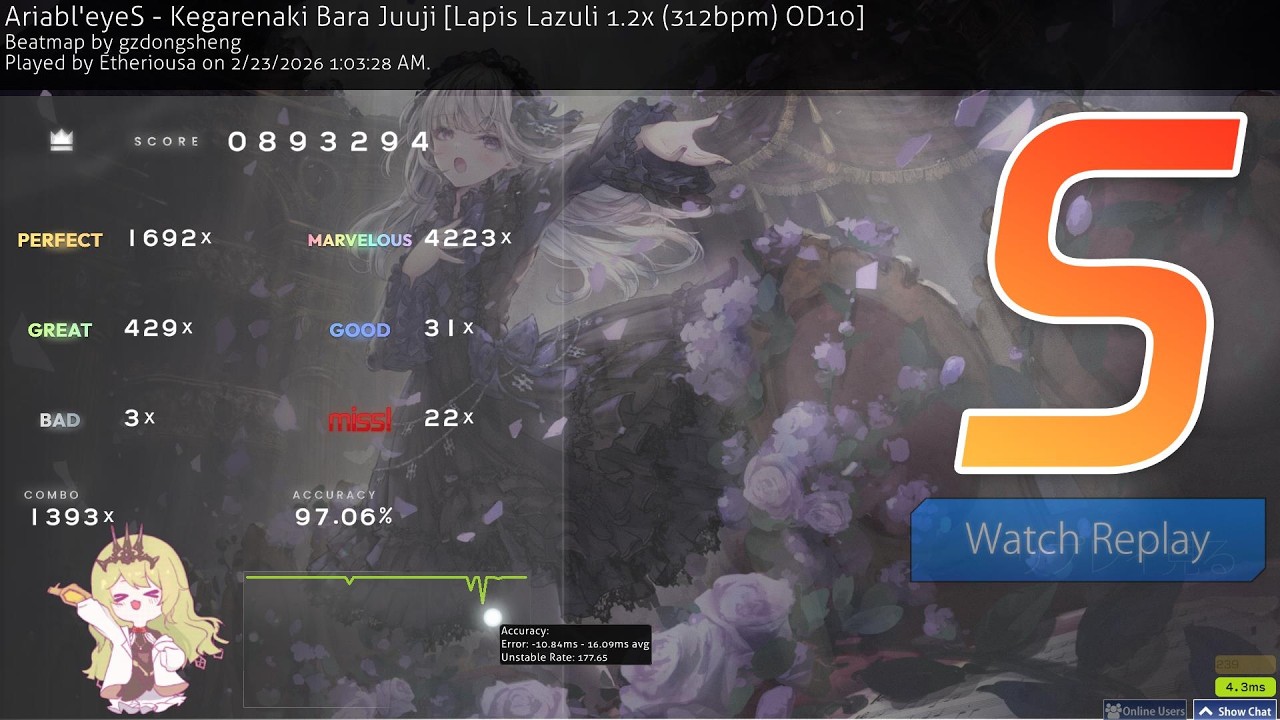 Ariabl'eyeS - Kegarenaki Bara Juuji [Lapis Lazuli 1.2x (312bpm) OD10] 97.06%