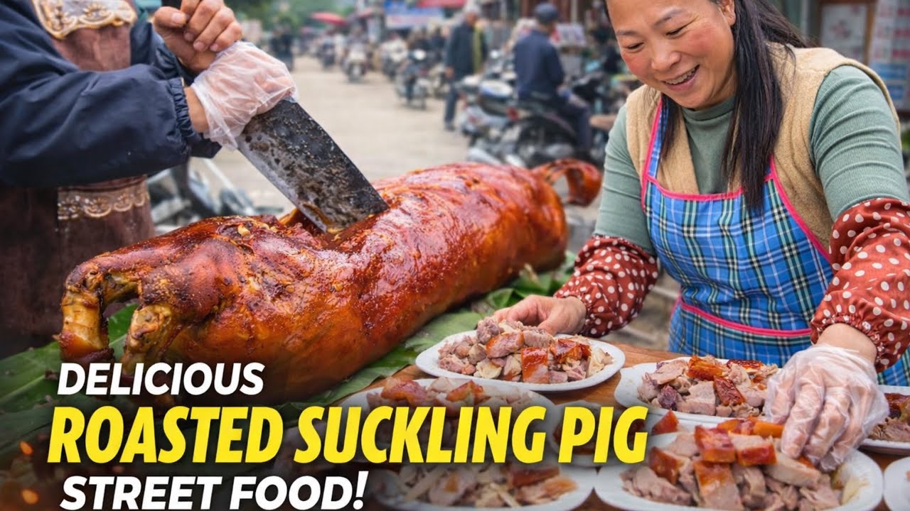 🔥Whole Roasted Pig Crispy & Juicy – Chopped On The Spot, Filling the Street with Irresistible Aroma!