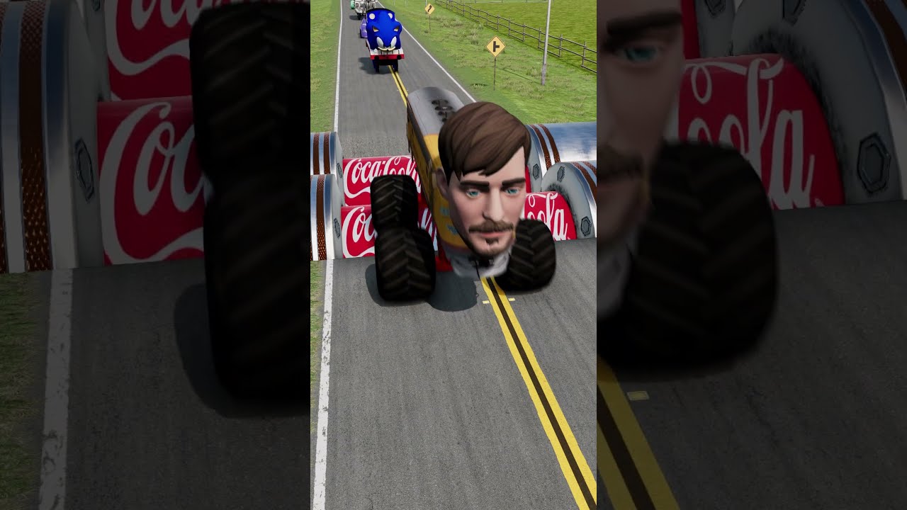 Ridiculous Cars Against Coca Cola Pit With Bollard Bridge BeamNG Drive