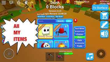 ROBLOX mining simulator showing off my inventory