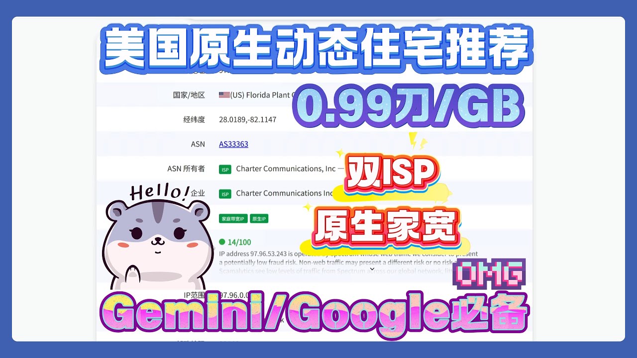 0.99刀1GB！美国原生动态住宅流量推荐！Gemini，Google注册必备网络环境搭建