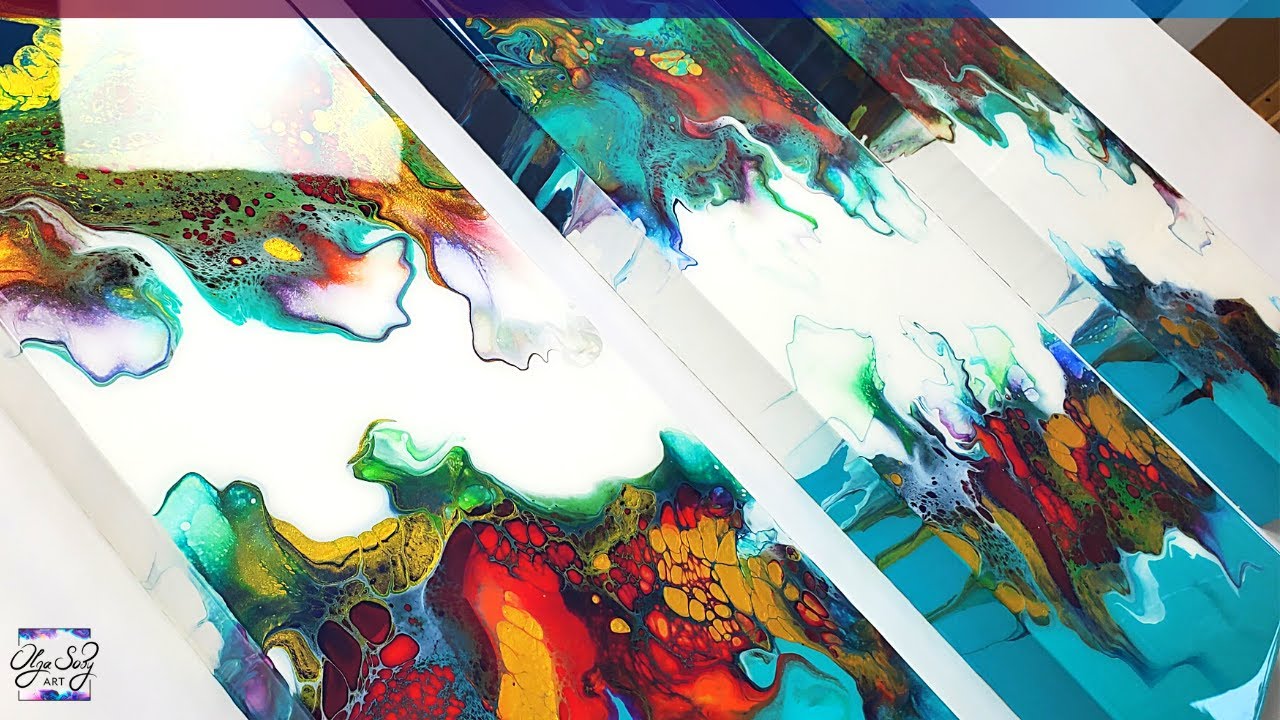 Crazy CELLS and AQUA Colors Acrylic Pouring Triptych🌊 Ocean Art