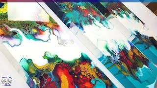4 x 12 Abstract Art THREE Original Triptych Acrylic Dutch Pour Painting Ocean Coral Teal Blue Silver Cerulean Reef 3