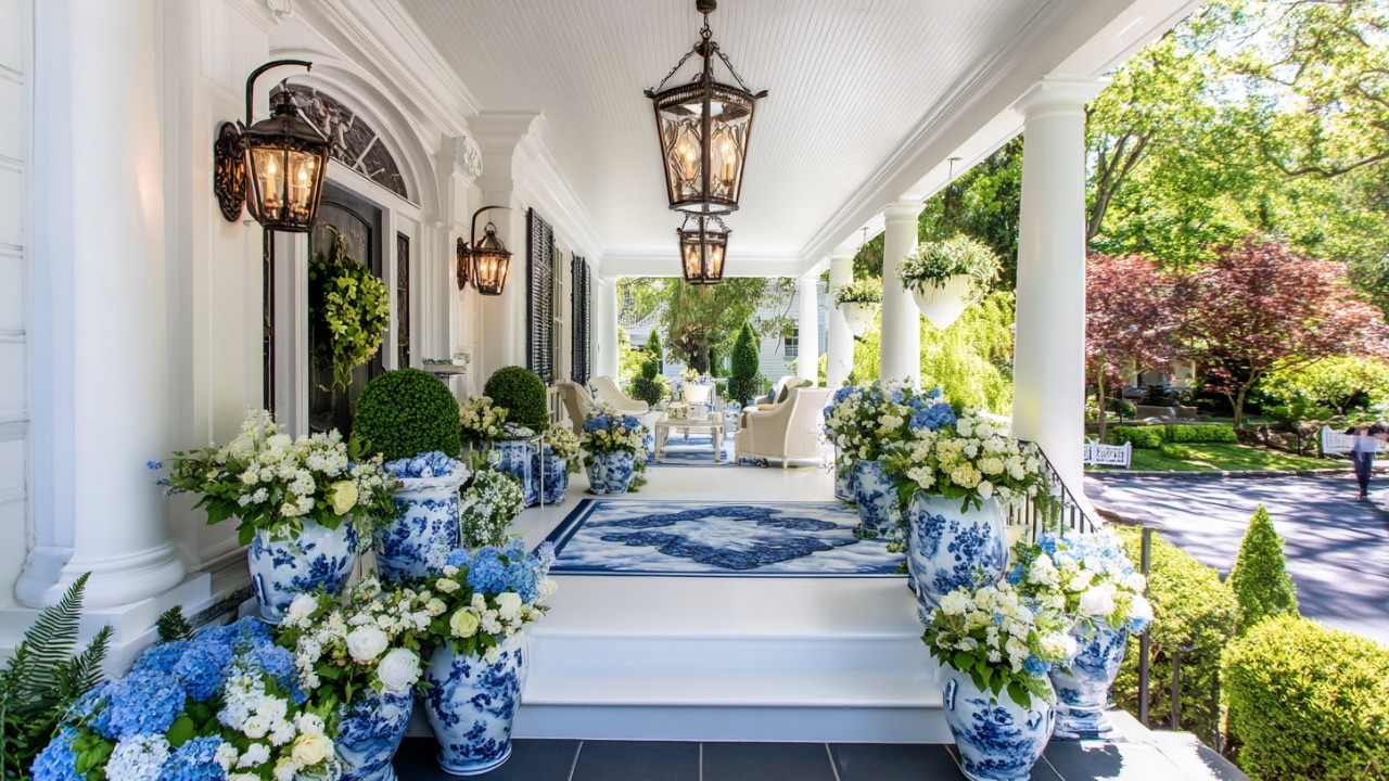 Весенняя коллекция Martha Stewart 2026 для дома | Сине-белый декор веранды в стиле шинуазри для р...