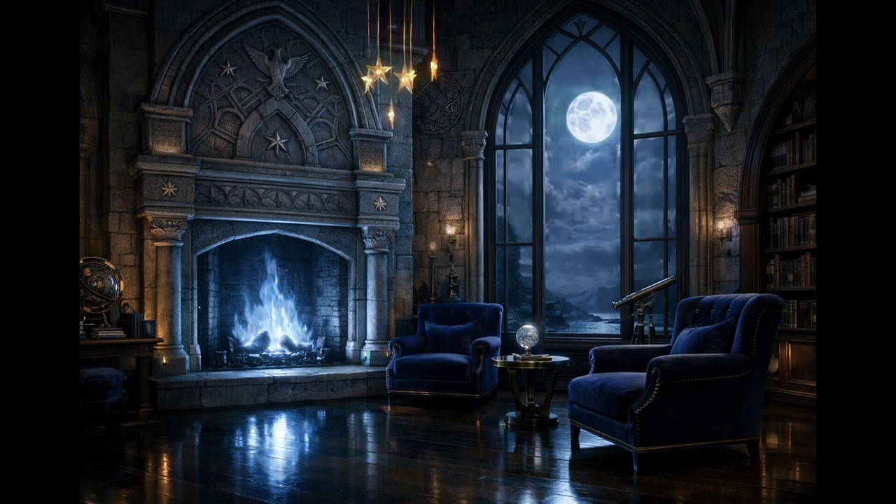 Ravenclaw Moonlit Fire Sanctuary | Dark Academia Study Music | Hogwarts Ambience 4K 