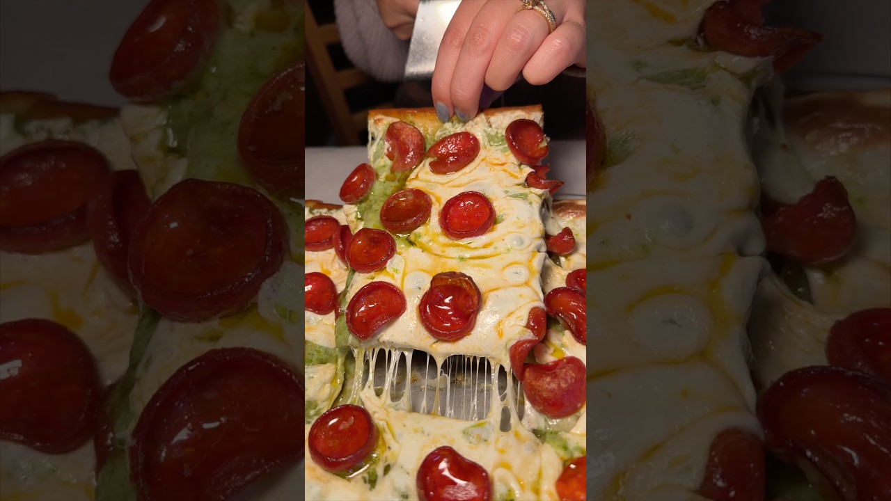 HOT HONEY PEPPERONI PESTO SICILIAN PIZZA from Donato's in Woodside Queens NYC! 🍕🔥🤤 #DEVOURPOWER