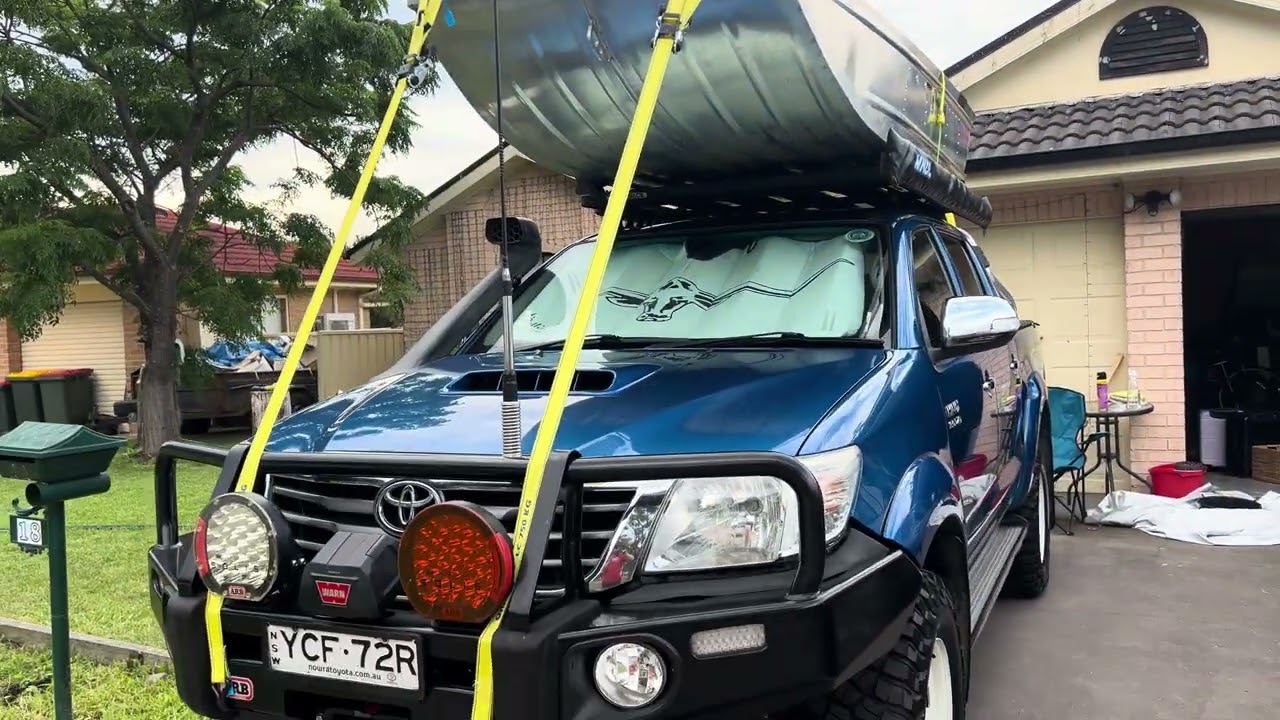 Quintrex 300 Wanderer on Rhino rack, Pioneer platform with backbone, bits and pieces