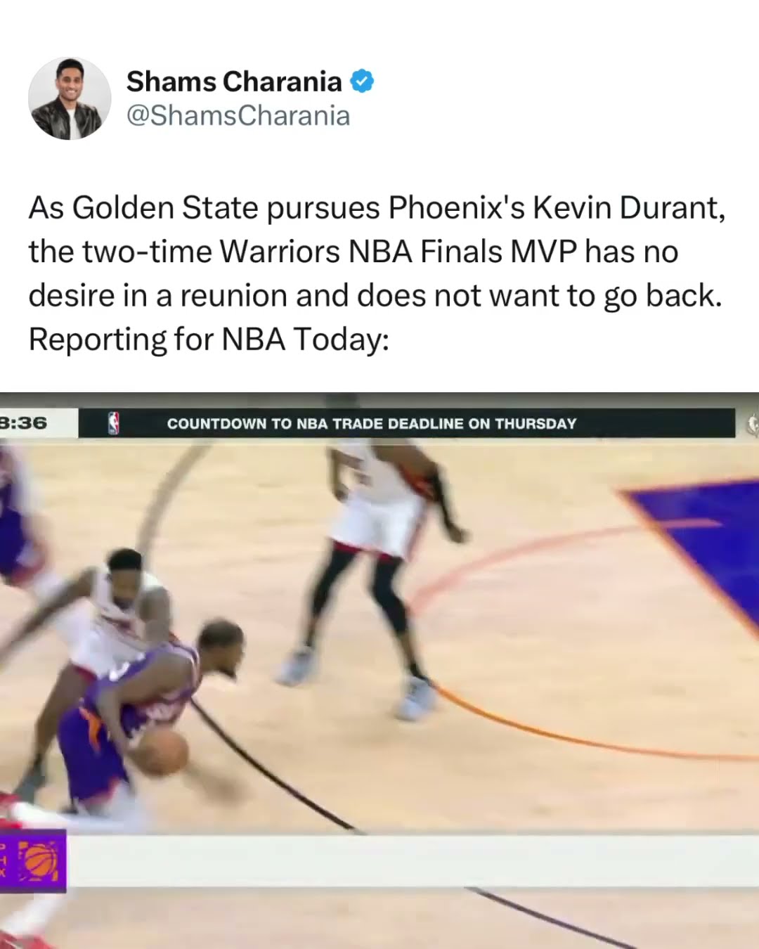 KD has NO DESIRE to go back to the Warriors - Shams Charania