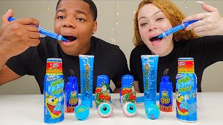 BLUE FOOD CHALLENGE, SOUR GEL SHOOTER RACE, PLANET GUMMY, SOUR FOAM CANDY MUKBANG