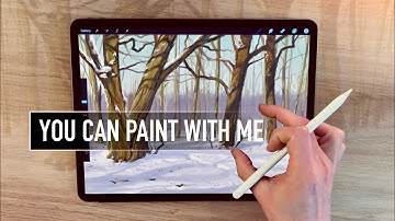 IPAD PAINTING TUTORIAL - Woodland snow tree landscape in Procreate