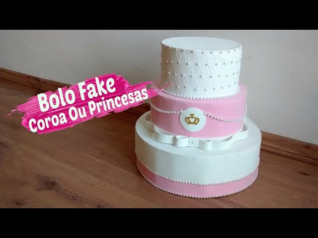 Bolo Fake Falso Tema Princesa Realeza Rosa E Dourado Coroa em