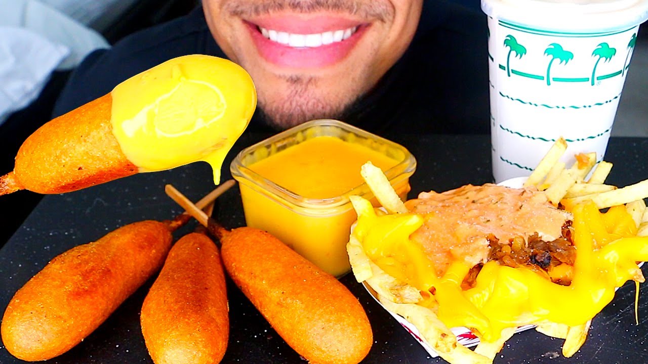 ASMR CRISPY CRUNCHY CORN DOGS ANIMAL STYLE CHEESE FRIES MILKSHAKE ICE CREAM MUKBANG EATING NO TALKIN