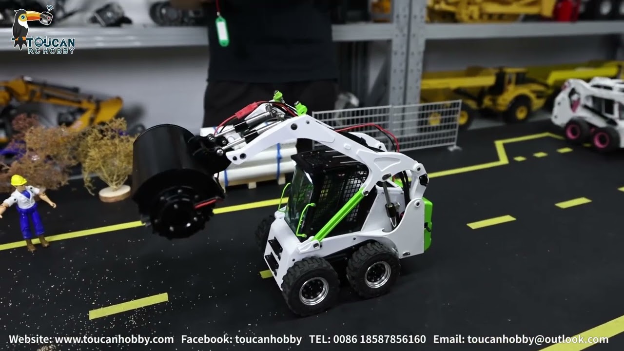 Two LESU wheeled skid-steer loader, one changed road cleaner, working together clear the road.