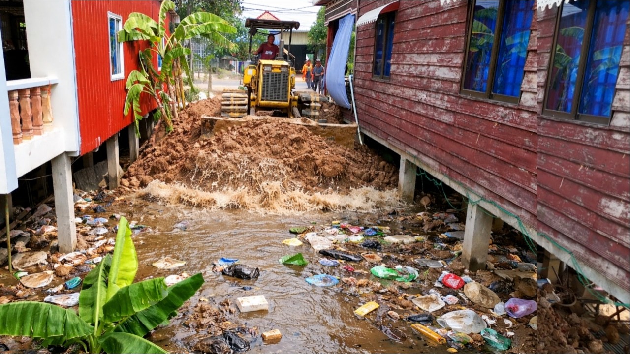 COMPLETE100% In The Flooded Village Area by Bulldozer Komat'su & 5-T Dump Truck Overloading Soil