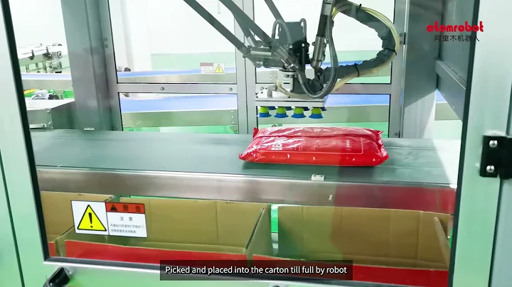 Loading powder bags into cartons with delta robot
