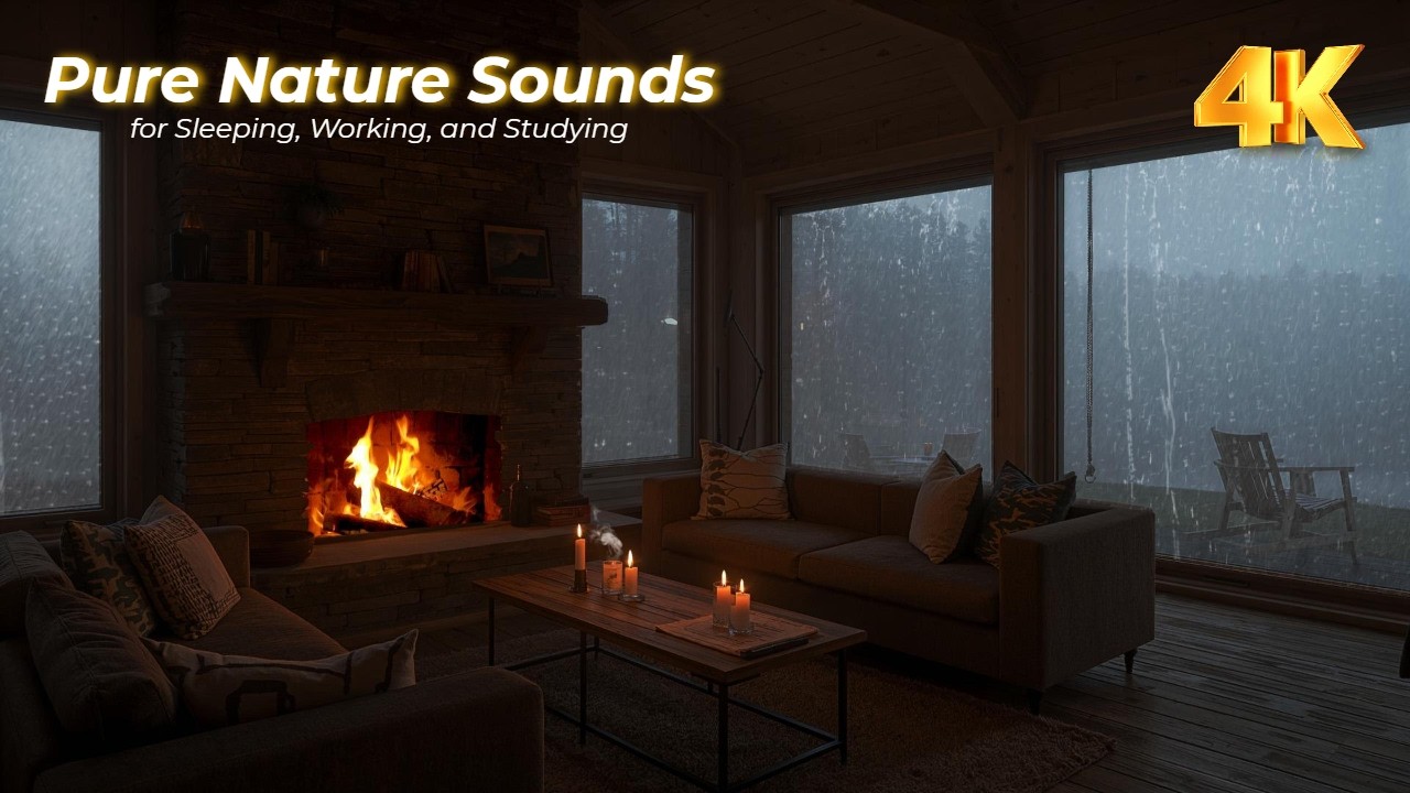 Can't Sleep? Heavy Rain and Wind Storm Sounds in a Cozy Log Cabin with Fireplace ASMR