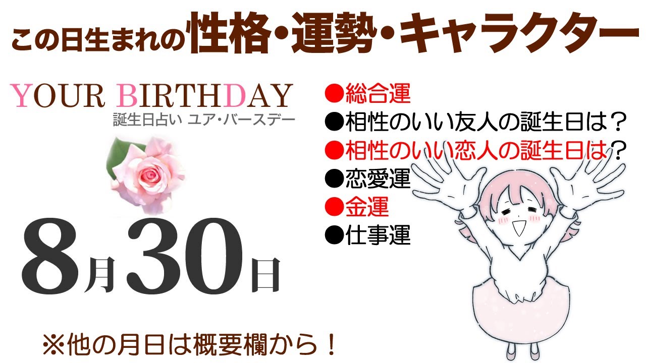 8月9日生まれの誕生日占い（他の月日は概要欄から）～誕生日でわかる性格・運勢・キャラクター・開運・ラッキーアイテム（8/9 Birthday Fortune Telling）0809